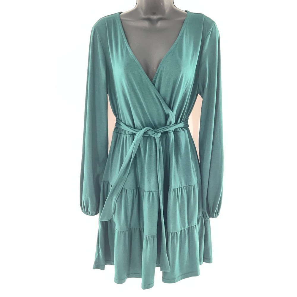 Leadingstar Chic Deep Green Long Sleeve Mock Wrap Dress w/Matching Belt-Size L
